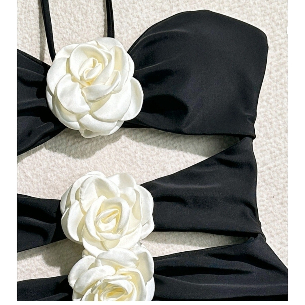 BYINDED - Xl Black Halter One-Piece Swimsuit with Floral Accents - Picture 6 of 11